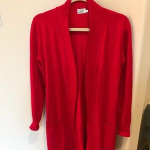Long red cardigan.
